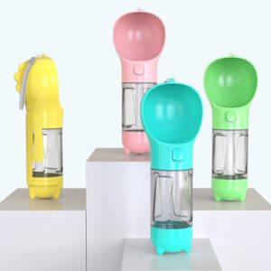 Pet Multi-functional Water Bottle 4-in-1, Food Container, Dispenser Drinking Bowl, Garbage Shovel, Trash Bag, Perfect for walking, camping, Hiking and travel. Easy to use and clean
